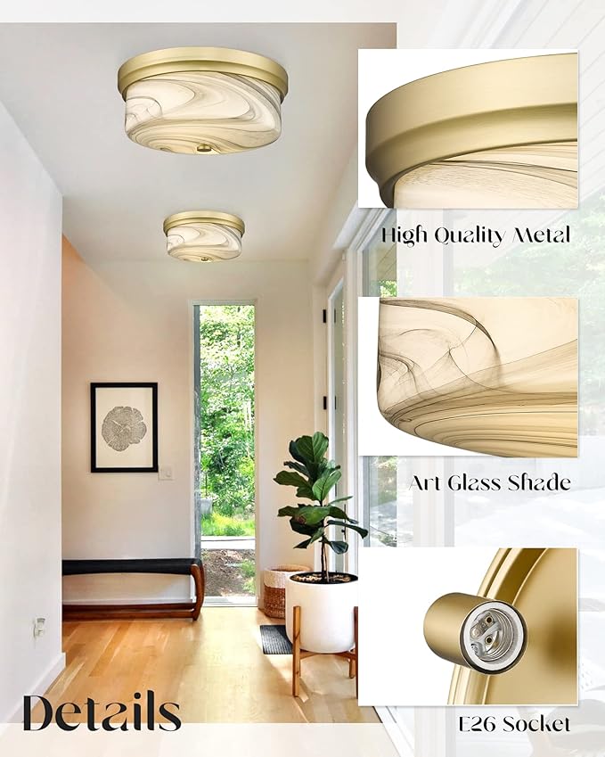 CALDION Flush Mount Ceiling Light, 12inch Close to Ceiling Light Fixture, Metal Gold Finish with Handmade Grey Marble Glass Art Shade for Living Bedroom Room Hallway Kitchen