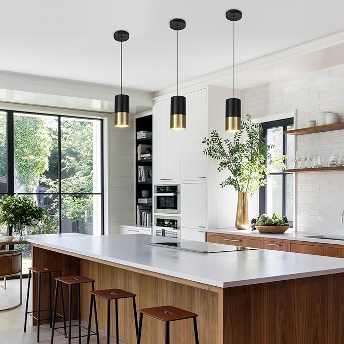 Black and Gold Pendant Light 3 Pack - Small Pendant Lights Kitchen Island with GU10 Bulbs, Minimalist Hanging Light for Dining Room Bedroom Bar, 5W 4000K