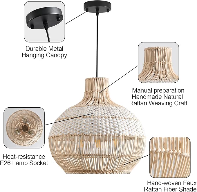 15" Rattan Pendant Light Fixture,3-Light Hand-Woven White Wicker Basket Chandelier Boho Faux Rattan Hanging Lamp,for Dining Living Bedroom Kitchen1-Pack