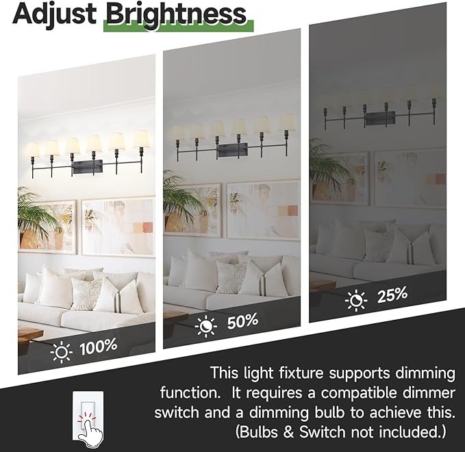 6-Light Black Bathroom Lighting Fixtures Over Mirror,50 in Vintage Bathroom Vanity Lights with Flared White Fabric Lampshade for Bedroom,Living Room,Foyer,2 Styles Modern Wall Sconce E12 Base