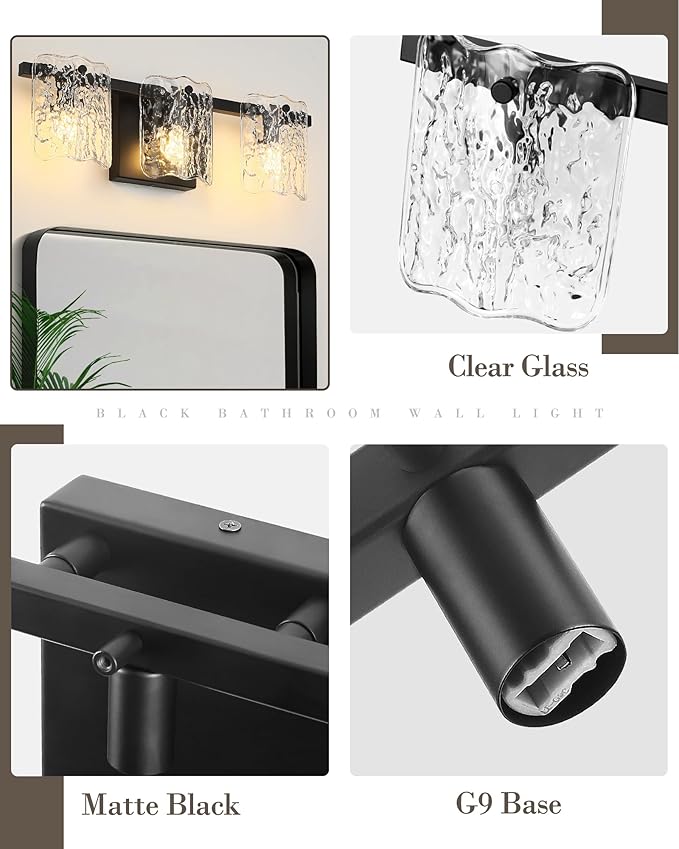 3-Light Bathroom Vanity Light, Black Bathroom Light Fixture Over Mirror with Clear Glass, Modern Bath Wall Sconce Light for Bath Restroom, OS-MM5002-3BK