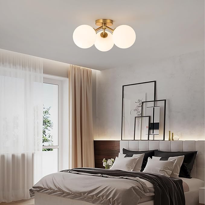 Mid Century Modern Gold Semi Flush Mount Ceiling Light Fixture 3 Light 18 inch, Globe Light Fixtures for Bedroom,Entryway,Hallway,Living Room,Kitchen,Dining Room