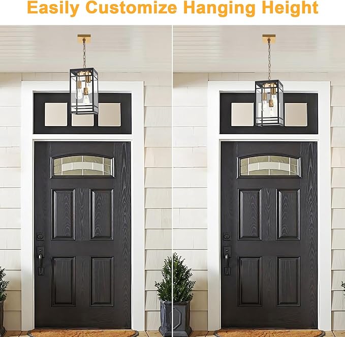 3-Light Outdoor Pendant Lights for Porch, Black & Brushed Brass Outdoor Chandelier 16'' Exterior Hanging Porch Light Fixtures w/Clear Glass, Waterproof Outside Pendant Lantern for Garage