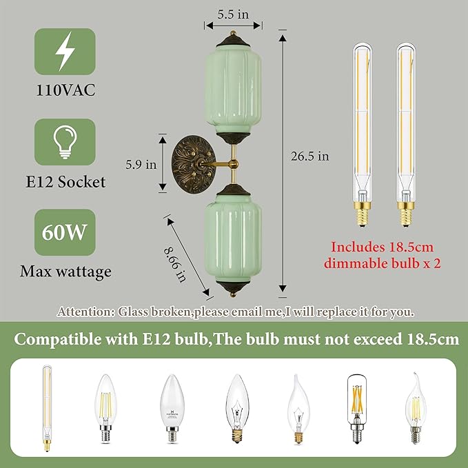 Vintage Milk Glass Bathroom Vanity Light - 25" Green Dimmable Wall Sconce with Bulb - Mid Century Vertical or Horizontal Mounted Sconces - Modern Brass Gold Lighting Fixture for Indoor Bedroom Hallway