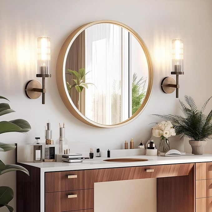 15" Knurled Brass Wall Sconce with Vertical Striped Glass Tube, Bronze Bathroom Vanity Light Fixtures, Modern Lamp Lighting for Bedroom, Living Room, Hallway, Staircase, Mirror, Kitchen