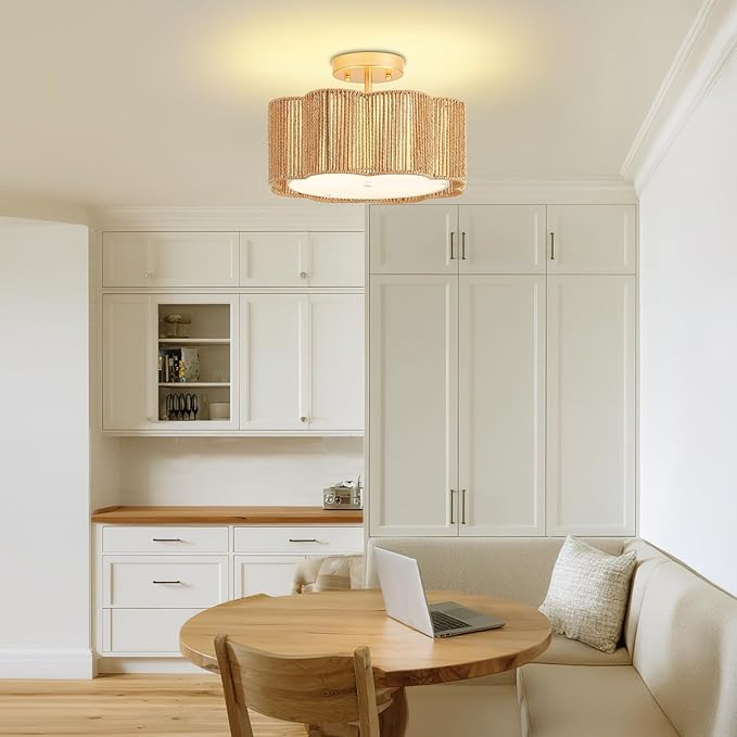 13 Inch Rattan Flush Mount Ceiling Lights 3 Lights Boho Farmhouse Ceiling Light Fixtures Wicker Hand Woven Light Fixtures for Dining Room Kitchen Bedroom Foyer Hallway Entryway
