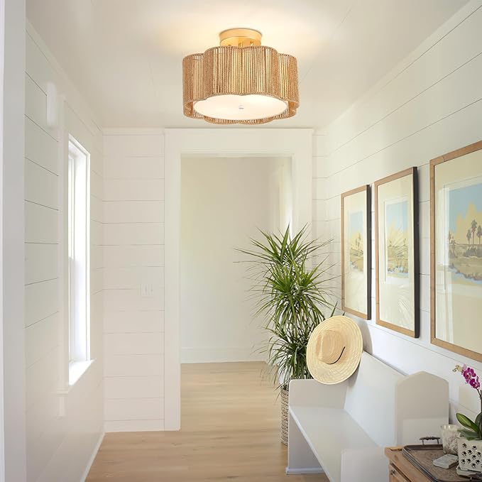 13 Inch Rattan Flush Mount Ceiling Light Fixtures 2-Light Boho Light Fixtures for Bedroom,Close to Ceiling Light Modern for Hallway Kitchen Entryway Dining Room