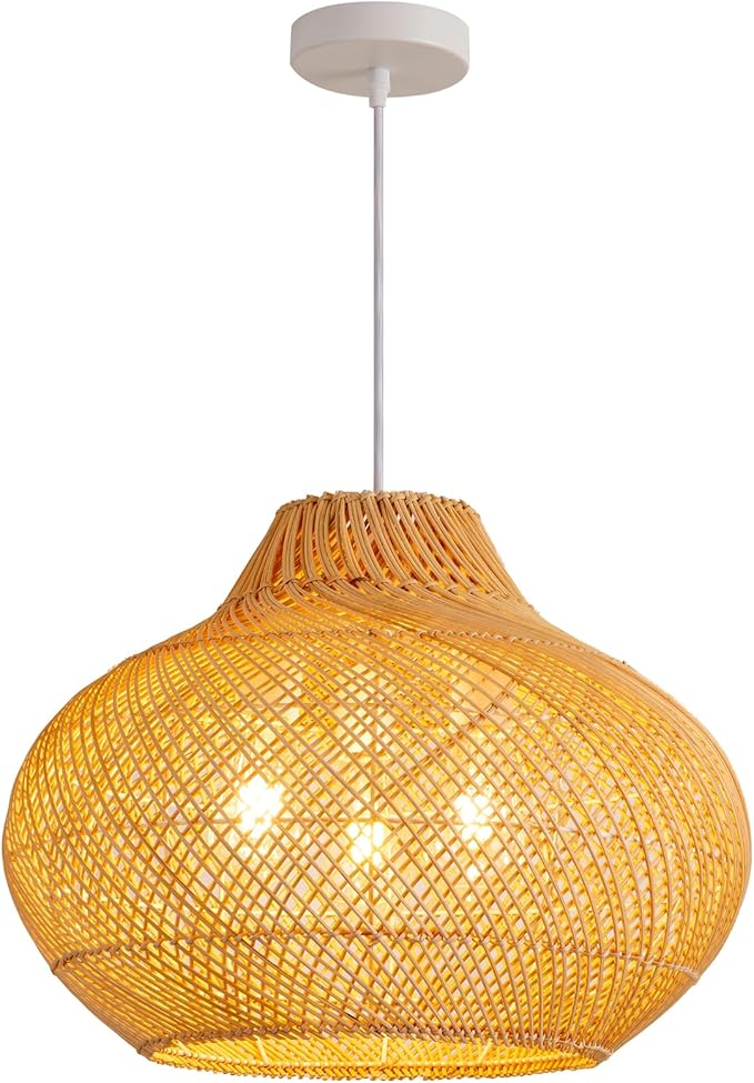 3-Light Rattan Pendant Light,18.9" Round Hanging Light,1-Pack Wicker Pendant Light Hand-Woven Rattan Chandelier for Workplace Dining Living Bedroom Kitchen Farmhouse