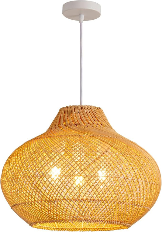 3-Light Rattan Pendant Light,18.9" Round Hanging Light,1-Pack Wicker Pendant Light Hand-Woven Rattan Chandelier for Workplace Dining Living Bedroom Kitchen Farmhouse