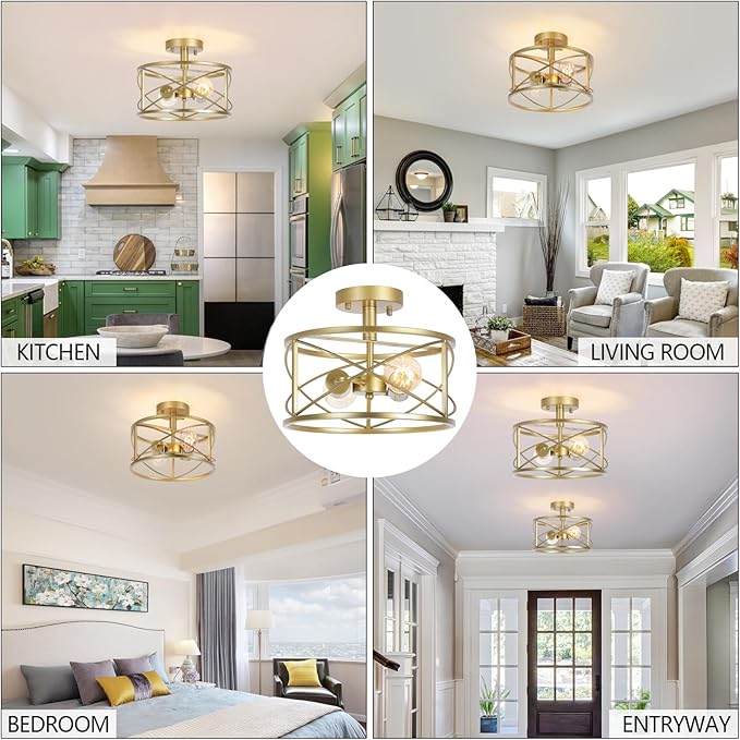 Gold Semi Flush Ceiling Light Fixture, 2-Light Farmhouse Flush Mount Light Fixtures, Modern Industrial Metal Cage Pendant Lighting for Hallway, Bedroom, Kitchen, Foyer, Living Room, Dining Room