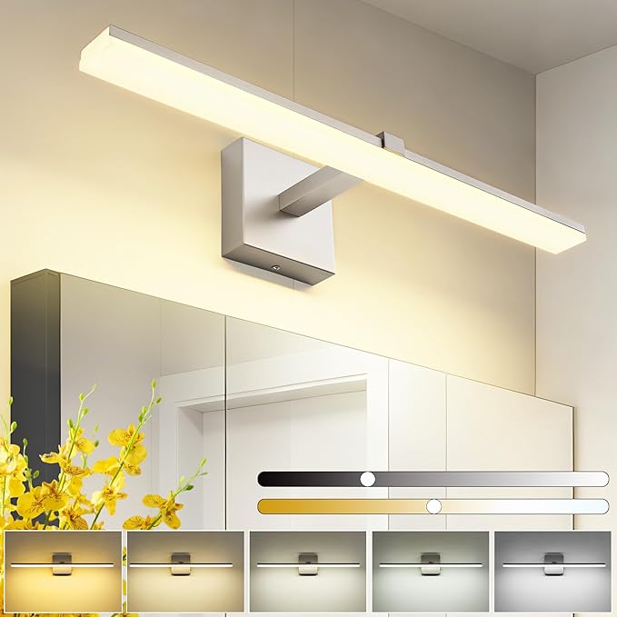 ZUZITO 24 Inch Bathroom Light Fixtures Over Mirror Brushed Nickel Arm Design Wide LED Vanity Bar 5CCT 2900K 6000K 18W 1440lm