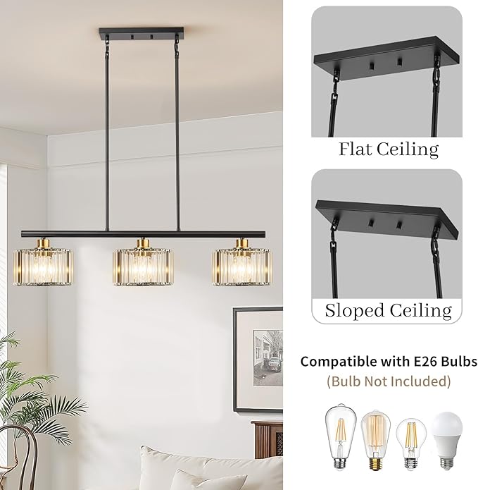 TALOYA Pendant Lights Kitchen Island Black and Gold, 3-Light Crystal Pendant Light Modern, Height Adjustable Chandelier Hanging Island Light Fixtures for Kitchen Dinning Room(Bulb Not Included)