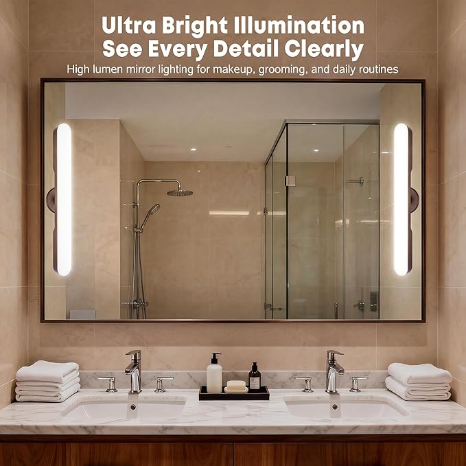 2 Pcs Vanity Makeup Lights for Bathroom, Wireless Wood Grain Rechargeable LED Stick on Light Bar for Mirror, Tunable 3 Color Temperature 4000 mAH Battery Life Lighting for Vanity(Deep Brown)