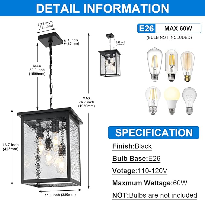 16.7'' Outdoor Pendant Lights for Porch, 4-Lights Black Exterior Pendant Light with Hammer Glass, Outdoor Porch Light Ceiling Mount Outdoor Hanging Light Fixture for Gazebo, Patio, Entryway
