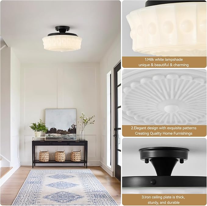 youngrender Schoolhouse Light Fixture Modern Black Flush Mount Ceiling Lighting 14" Milk White Glass Shade Vintage Ceiling Light for Farmhouse Kitchen Hallway Entryway