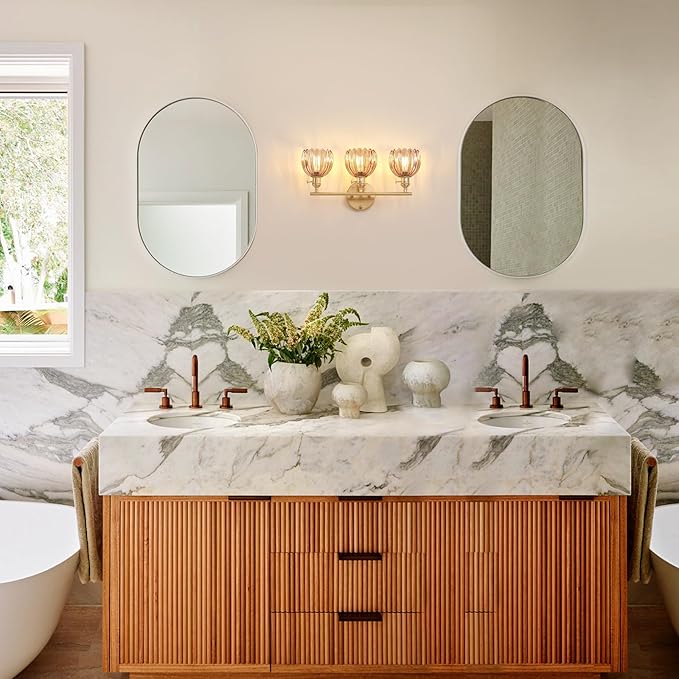 Shenmoyl Bathroom Light Fixtures, 3-Light Brass Vanity wall Light Over Mirror with Amber Tulip Glass Shade for Bedroom Living Room (Bulb Not Included)
