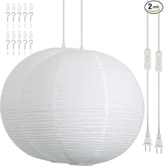 Paper Lantern Lamp Plug in Hanging Lamp 23.6in White Rice Paper Pendant Light with 19.7FT Cord Large Globe Japanese Japandi Wabi Sabi Chandelier for Dining Living Room Bedroom Office 2 Pack