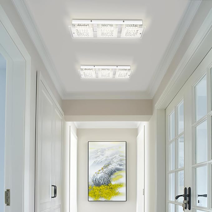 Crystal Ceiling Light Flush Mount Rectangle Ceiling Light Fxiture Modern Hallway Light LED Dimmable 4000K for Kitchen, Bathroom, Bedroom, 18W