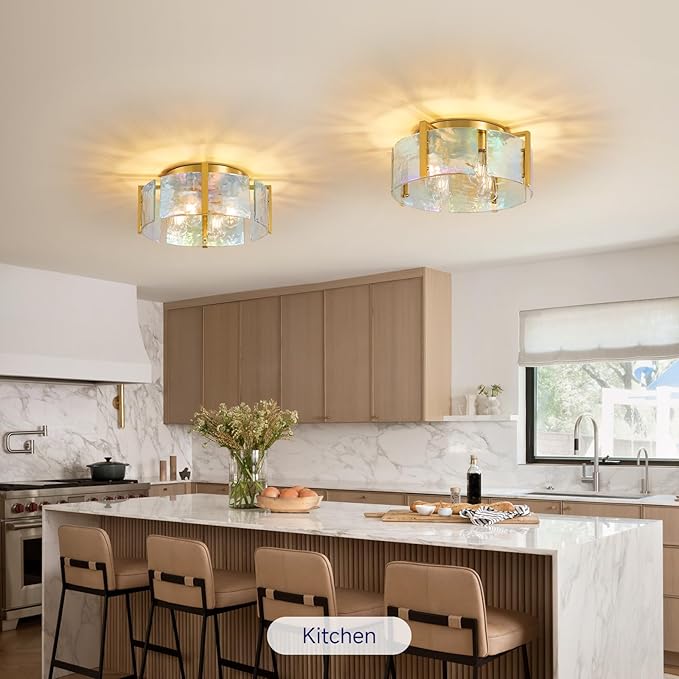 Gold Semi Flush Mount Ceiling Light: 17.7in Kitchen Lights Fixture Ceiling Mount - Modern Bedroom Colorful Glass Drum Indoor Lighting - Mid Century Fixtures for Laundry Room Foyer Hallway Entryway