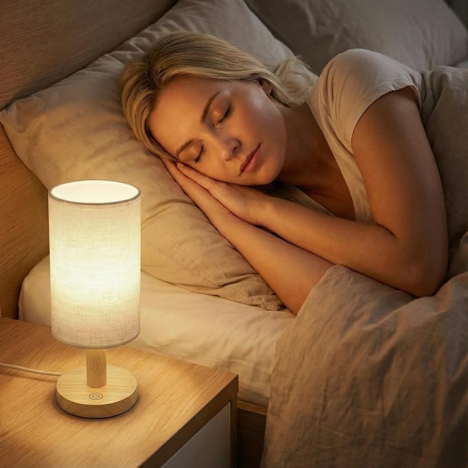 Touch Bedside Table Lamp with USB Powered,Stepless Dimming 2700K Warm Night Light, Minimalist Wood Base Linen Shade,Boho Nightstand Lamp for Bedroom Nursery Dorm Kitchen Small Spaces (5W LED 50K Hrs)