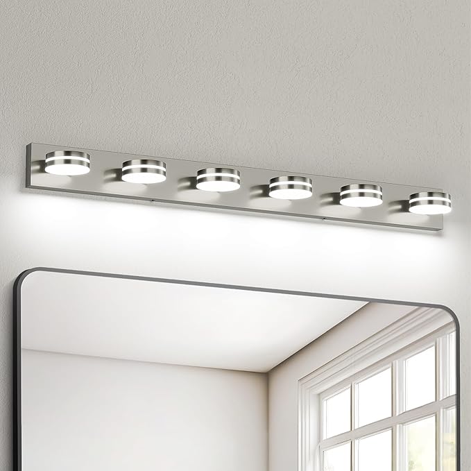 6-Light Nickel Bathroom Vanity Light Over Mirror, LED Vanity Lighting Fixtures, Modern Bathroom Wall Light Fixtures with 360°Rotating Lamp Head (Cool White 5500K)