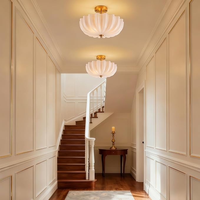 Milk Glass Ceiling Light Fixture, 15.7'' Vintage Gold Semi Flush Mount Ceiling Light, 3-Light Brass Modern Ceiling Light for Hallway Entryway Foyer Living Room,E26