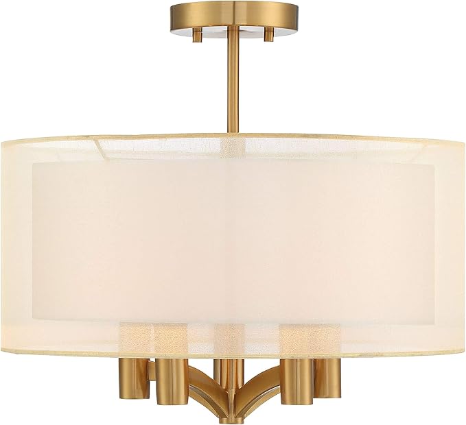 Possini Euro Design Caliari Modern Close to Ceiling Light Semi Flush Mount Fixture 18" Wide 5-Light Warm Brass Gold Double Drum Shades for Bedroom Hallway Living Room Dining Room Bathroom Kitchen
