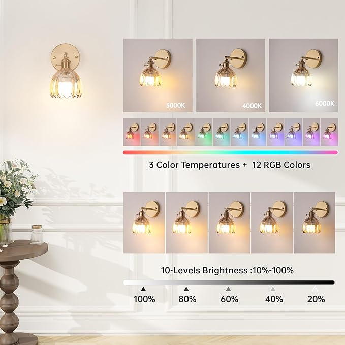 Shenmoyl Vintage Battery Operated Wall Sconce with Amber Tulip Glass Lampshade Rechargeable Battery Powered Wall Light with Remote Control for Bedside Bedroom Doorway, Set of 2