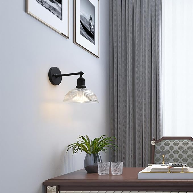 Yosoan Indoor Wall Sconce with Striped Shade, 1-Light Modern Vanity Light Vintage Industrial Single Lamp Hardwired Clear Striped Bowl Glass Shade for Living Room Kitchen Bedroom Home Decor(Black)