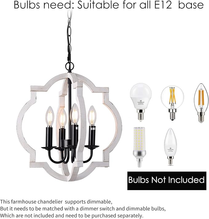 Plug in Chandelier with 16.4ft Cord,On/Off Switch,Orb Wood Farmhouse Light fixtures,Outdoor Chandelier for Gazebo, Kitchen Island Dinning Foyer Entryway,4-Light White Color