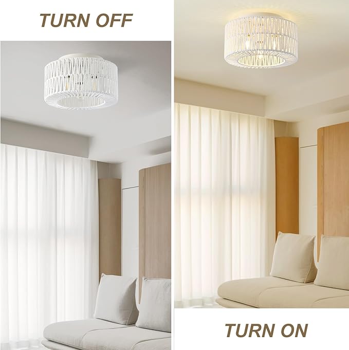 12.6”Rattan Flush Mount Ceiling Light Fixtures, 3-Light Boho Light Fixture Rattan Hand-Woven Chandelier Close to Ceiling Light Fixture for Bedroom Hallway Kitchen Dining Room Nursery(White)