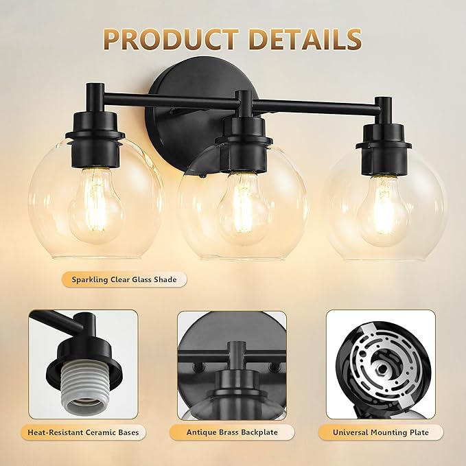 Black Bathroom Vanity Lights, 3-Light Wall Sconce with Glass Globe Shade, Vanity Lighting for Bathroom/Bedroom/Dressing Room, Vertical/Horizontal Mounted, E26 Bulb Base (Bulb Not Included)