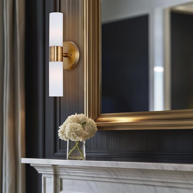 Kira Home Duo 14" Modern Wall Sconce with Frosted Glass Cylinder Shades, Linear 2-Light Wall Light, Warm Brass Finish