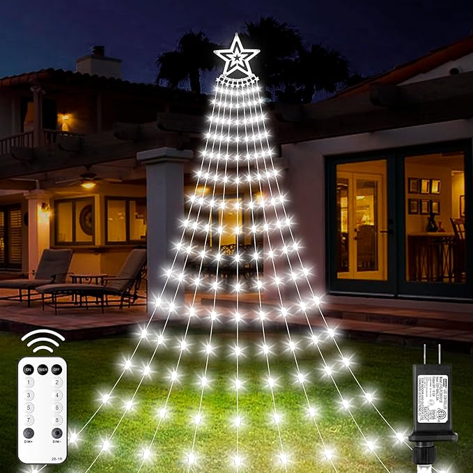 Christmas Decorations Star Lights Outdoor, 11.48ft 350 LED Waterfall Tree Lights with 8 Modes Timer Remote Plug in Christmas Lights for Indoor Yard Patio Home Holiday Party Decor, Pure White