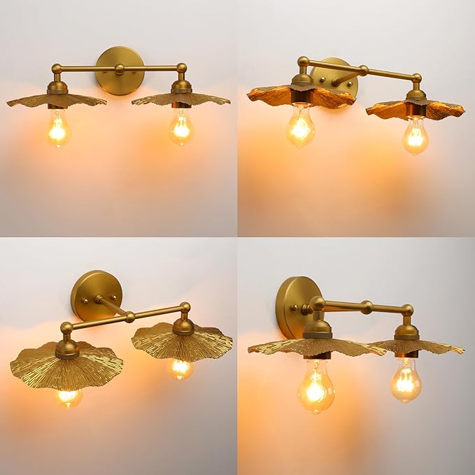 Phansthy Hardwired Wall Lighting, Barn Wall Sconces Antique Brass Indoor Wall Lights with Hammered Metal Lotus Leaf Texture Shade, Vanity Wall Lamp for Bathroom Bedroom Kitchen (Two-Light 1 Pack)