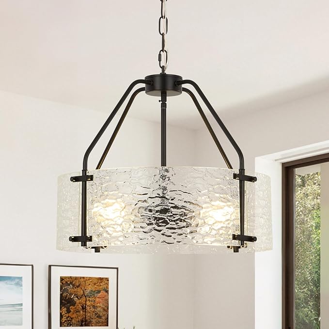Modern Farmhouse Chandeliers for Dining Room: 17.7'' Matte Black Drum Glass Entryway Light Fixture Hanging - Rustic Kitchen Chandelier Over Table - Vintage Lights Fixtures for Bedroom Foyer Hallway