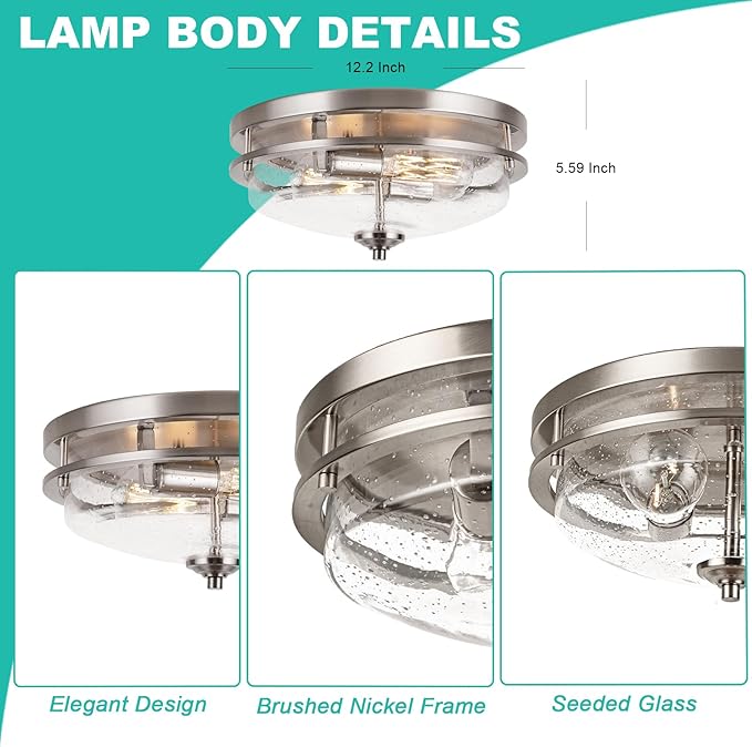 Edwarmlux Flush Mount Ceiling Lights, 2-Light Farmhouse Close to Ceiling Light, Industrial Ceiling Lighting Fixture for Kitchen Hallway Bedroom Living Room Stairways Porch (Brushed Nickel)