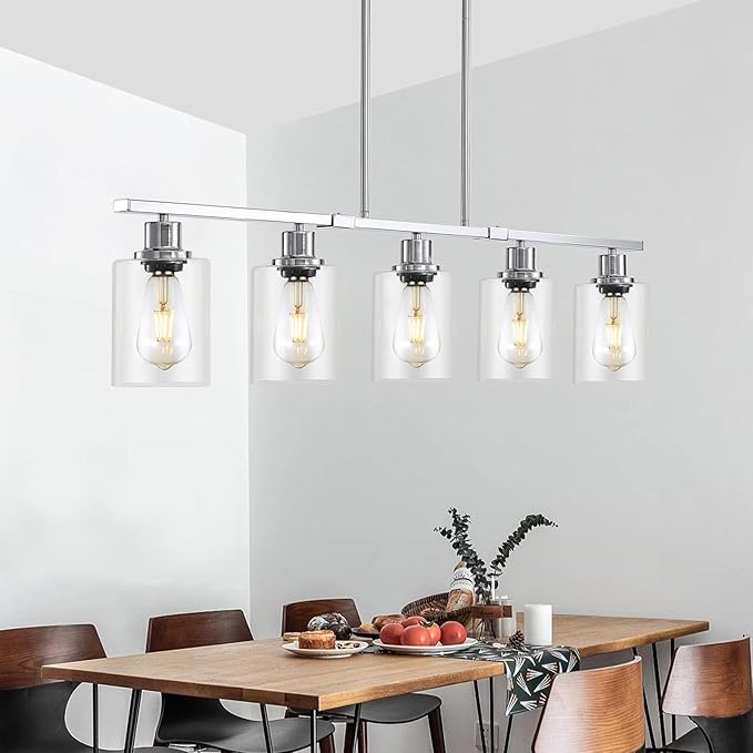 39.4" Kitchen Island Lighting, 5 Lights Clear Glass Pendant Light Fixtue, Chrome Linear Metal Chandelier for Dining&Living Room Foyer,Height Adjustable,E26 Socket