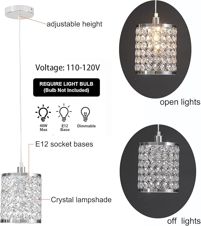 TFCFL 2 Pack Crystal Pendant Light, Modern Metal Ceiling Hanging Light Fixture with Adjustable Long Cord Chrome Finish for Kitchen Dining Room Bedroom