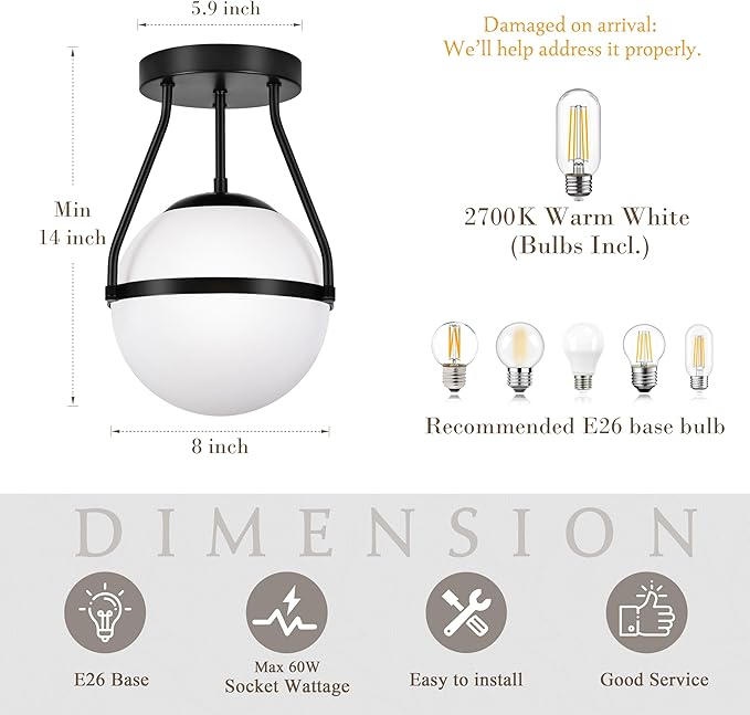 Bagood 8 Inch Mid Century Ceiling Light Modern Semi Flush Mount Ceiling Light Fixture Globe Ceiling Light Fixture with Milk Glass Shade Matte Black Finish for Kitchen Island Hallway Laundry(Bulb Incl)