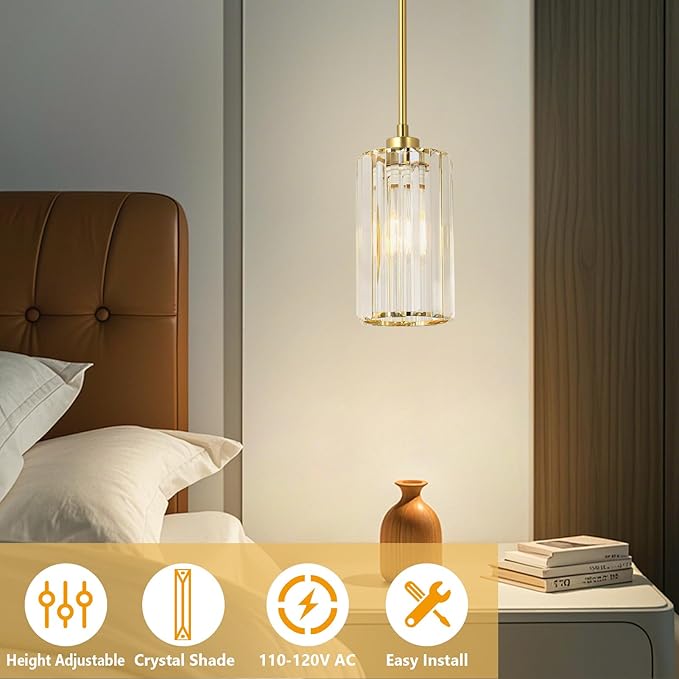 Crystal Pendant Lights, Modern Gold Pendant Lighting with Clear Glass Shade, Small Brass Chandelier Light Fixtures Ceiling Hanging for Dining Room Kitchen Island Bedroom Foyer Hallway