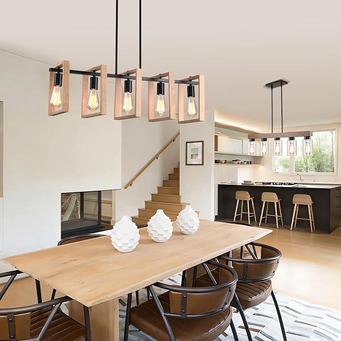 Kitchen Island Lighting Hanging for Farmhouse Linear Chandeliers,Modern Chandelier Over Table, Matte Black Rustic Wood Ceiling Pendant Light,Dining Room Hanging Light Rustic Wood