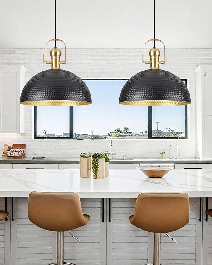 15.7 Inch Black Pendant Light 2 Pack, Hammered Industrial Pendant Lights，Adjustable Height, Large Dome Pendant Light Fixtures for Kitchen, Dining Room, Bedroom,Bar