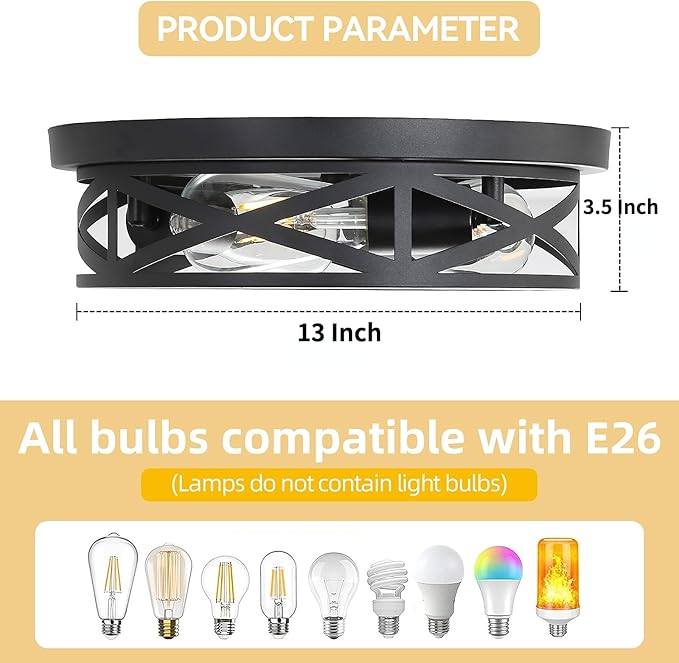 3-Lights Farmhouse Flush Mount Ceiling Lights, 13 Inch Indoor Cage Close to Ceiling Light Metal Black Rustic Style Ceiling Light Fixtures for House Kitchen Bedroom Entryway