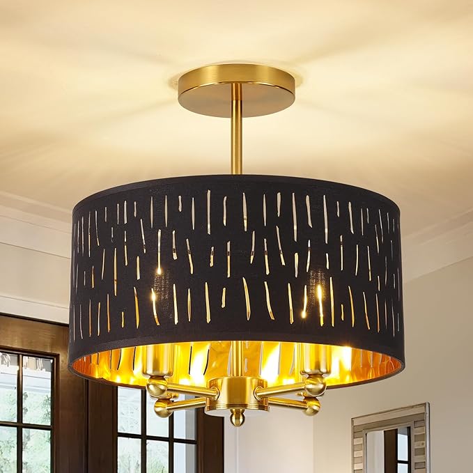 Drum Semi Flush Mount Lighting Fixture, Modern Semi Chandeliers, Fabric Farmhouse Ceiling Light, Black Fabric Shade 3-Light for Kitchen Island Bedroom Hallway Foyer, E26, W12xH14