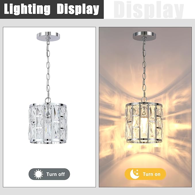 MEXO Modern Crystal Pendant Light,Chrome Chandelier Light Fixture, Cylinder Adjustable Height Pendant Lights for Kitchen,Dining Room,Living Room,Foyer,Hallway