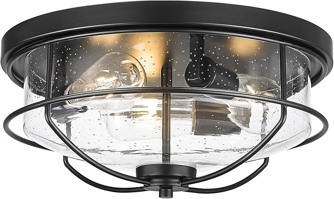 3-Light Flush Mount Ceiling Light, HWH 15 inch Hallway Light Fixtures Ceiling with Seeded Glass, Matte Black Finish, 5HTJ102F BK