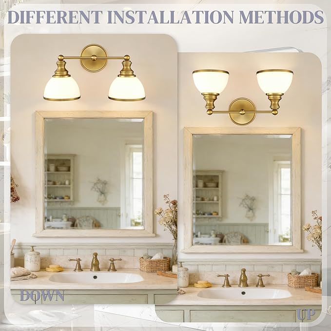Hamilyeah 2-Light Gold Bathroom Vanity Light, Brushed Gold Wall Light Fixture with Milky White Glass Shades, Vintage Vanity Lighting for Bathroom, Powder Room, Bedroom, Hallway
