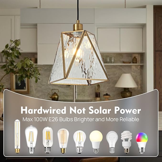 Milaii Copper Brass Pendant Light with Water Ripple Glass Lampshade 10.2" Geometric Glass Pendant Lighting Adjustable Hanging Lights Fixture for Kitchen Island Dining Room Hallway