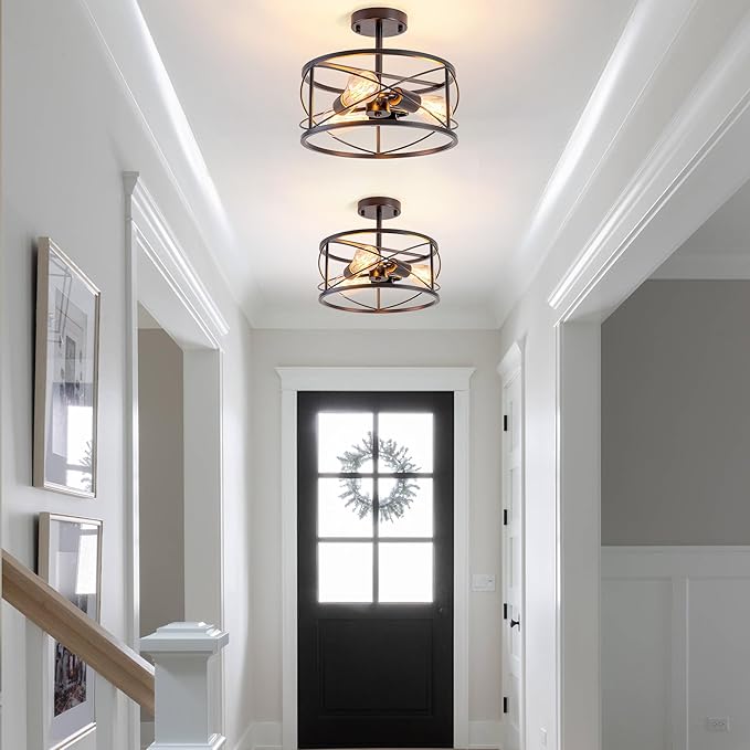 Farmhouse Flush Mount Ceiling Light, Rustic 3-Light Semi Flush Mount Ceiling Light Fixture with Wood Grain Finish, Retro Ceiling Lamp for Hallway Entryway Bedroom Dining Room